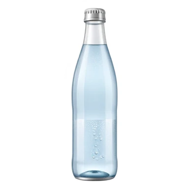 slim transparent bottle of sparkling water with small bubbles, simple silver or green or blue cap, minimal blank label, clear fizzy water, soft reflections, clean minimalistic design, 3D rendered, soft lighting, no anthropomorphic features, emoji scale sticker