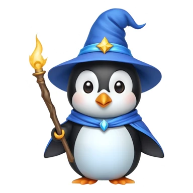 penguin wizard, emoji style, holding a wand, wearing a blue wizard hat, casting a spell sticker