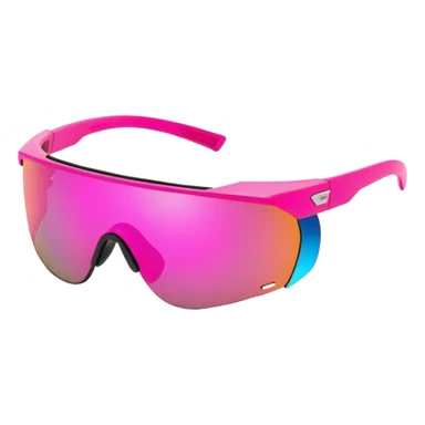 sporty pink shield visor sunglasses with robust thick frame, futuristic athletic design, substantial build, mirrored one-piece lens sticker