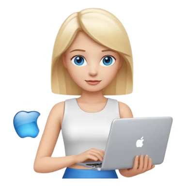 3D Apple-style emoji of a blonde woman with bright blue eyes,
wearing a white sleeveless top,
holding a silver laptop,
clean white background, smooth rounded design
 sticker
