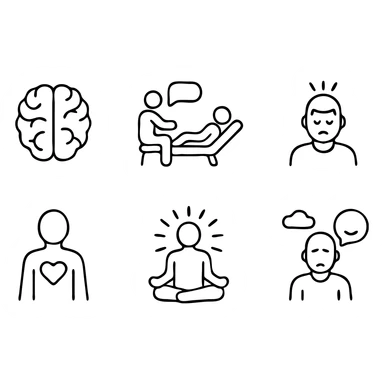 Mental Health icon set. Wellness and psychology related line icons: brain, therapy, stress, support, self-care, mindfulness, meditation, depression, counseling and emotion . Editable stroke.
 sticker
