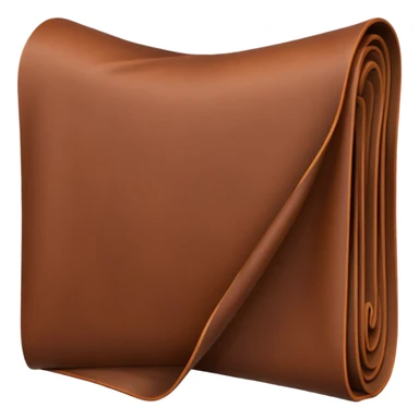 Apple-style 3D emoji of a rolled sheet of industrial leather, smooth surface, deep brown color, soft sheen, folded like fabric, with slight creases showing its texture. sticker
