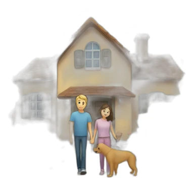 Un chien et un chat devant une maison avec une famille composer de 1 garç et 2 fille sticker