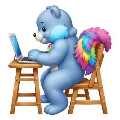 Care bear back view, sit on a chair, working on a computer sticker
