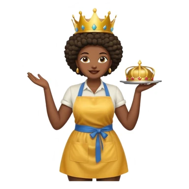Mujer curvy afro, con piernas gordas y vestimenta cómoda, usando delantal,con una corona sobre su cabeza y sonrisa contagiosa.  sticker