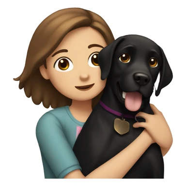 A girl with brown hair hugs a medium-sized black Labrador dog sticker