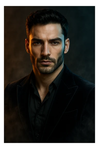 Usa questa immagine come riferimento per creare un ritratto iperrealistico e ravvicinato di un carismatico nodello maschile, ambientato in un contesto editoriale suggestivo. I volto è illuminato da fasci di luce ambrata e blU ghiaccio che contrastano tra loro, esaltando la simmetria marcata della mascella, la sottile barba incolta e uno sguardo penetrante e sicuro. I| modello indossa una giacca sartoriale scura in morbido velluto, leggermente sbottonata sul colletto. Lo sfondo sfuma in un profondo gradiente antracite con una delicata foschia cinematografica e sottili bagliori di luce. Un lieve velo di nebbia avvolge la sua silhouette, accentuando un'atmosfera sofisticata e misteriosa. L'effetto complessivo evoca un'eleganza di alta moda con un tocco moderno e malinconico, ideale per una campagna pubblicitaria di lusso o per la copertina di una prestigiosa rivista. sticker