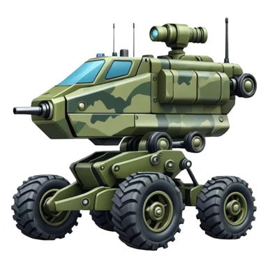 a 4-wheel camouflage army massive mech trail vehicle shooting forward side-hill leaning actively suspended pod gimbal enemy mech off-road racing rover with large fast engine  sticker