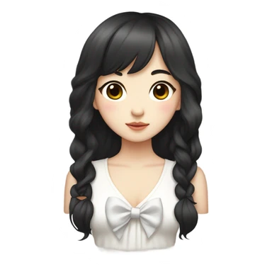 pale korean girl with long black wavy hair and front Korean bangs with bow on her hair. White cami top sticker