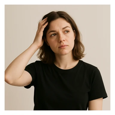 woman with hand on head, thoughtful pose, minimal background sticker