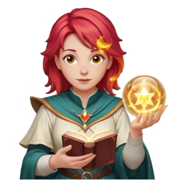 female dnd cleric with red hair holding a magic book in one hand and having a ball of light in the other sticker