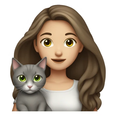 Girl with long brown hair and green eyes holding a gray cat sticker