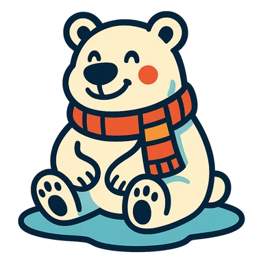 happy polar bear with a scarf, sitting on ice, looking content despite the cold sticker