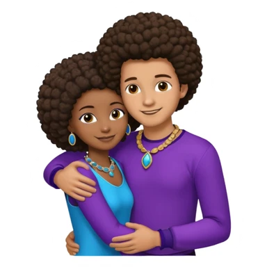 Tan male with short straight, light,brown hair, smiling and hugging a darkblack African girl with Afro in purple clothes with blue jewelry sticker