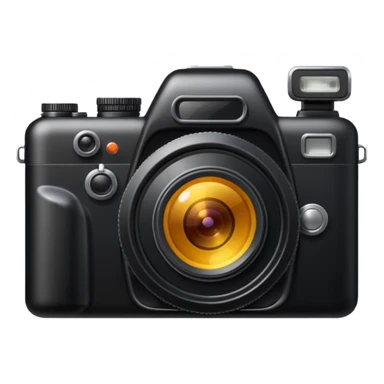 The camera features a solid black body with a shiny lens. sticker