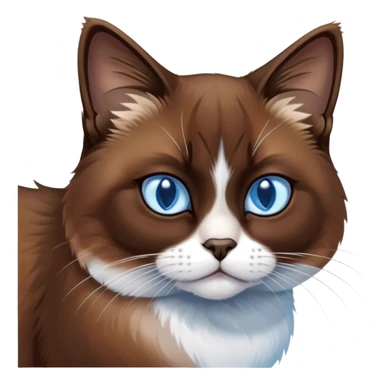 Cinematic Grumpy Brown Mantle Snowshoe Cat Portrait Emoji, Head tilted slightly with a deeply unimpressed expression, rich brown fur blanketing its back, contrasted by its signature white paws, chest, and face, piercing icy-blue eyes narrowed into an unamused glare, Simplified yet comically expressive features, highly detailed, glowing with a dry, sarcastic glow, high shine, effortlessly judgmental yet dignified, stylized with a touch of cynicism, bright but brooding, soft glowing outline, capturing the essence of an eternally unimpressed yet endearing feline, so lifelike it feels like it could sigh heavily at you in disdain at any moment! sticker