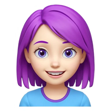 A cute 3D animated emoji character of a young girl face with vibrant purple hair. She has big expressive eyes and a wide happy smile showing teeth. The style is like a Pixar or Disney movie character, soft textures, high quality CGI render, isometric view, on a solid plain white background. sticker