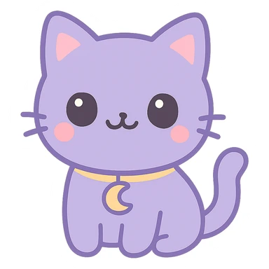 purple cat with fully black eyes, wide open black smile with no teeth, gold moon pendant hanging from its neck, visually appealing style sticker