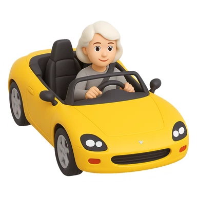 Make this mother with white hair driving a yellow sports car look 10% more realistic in the style of 3D Emoji, keep the 3D emoji style, no background. sticker