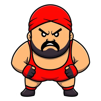 White skin fat guy with prominent black durag, short black beard, black eyes in a red and black wrestling singlet with angry face sticker