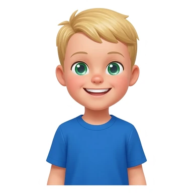 Use the same 3 year old blonde boy with green-blueish eyes as before  happy getting dressed, putting on a blue tshirt sticker