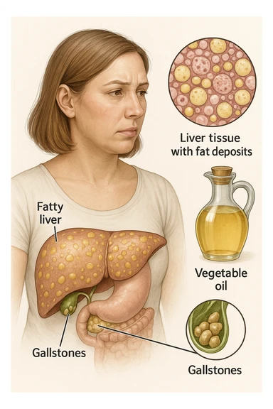 donna con fegato grasso immagine realistica e usa oli vegetali formando anche calcoli biliari sticker