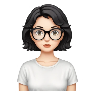 white woman about 50 years old with light warm skin, wide face, black wavy neck-length 80s short hair, low volume, neutral expression, large black shiny butterfly or cat-eye glasses, white casual t-shirt sticker