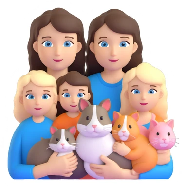 Family portrait with father with dark brown hair and blue eyes, mother with light brown hair and blue eyes, three blonde little girls with blue eyes, plus a cat and two guinea pigs sticker