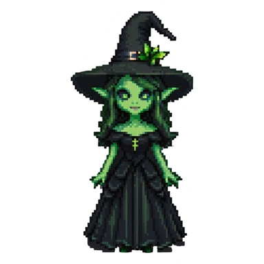 Elphaba from Wicked, green-skinned witch with a black pointed hat and black dress sticker