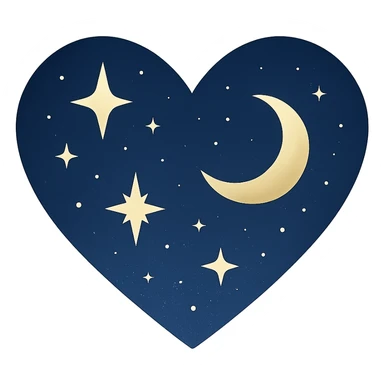 heart with a celestial night theme, stars and moon, clean digital illustration sticker