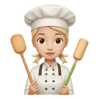 Young female pastry chef - single ponytail, apron, wearing a white hat, holding a rolling pin sticker