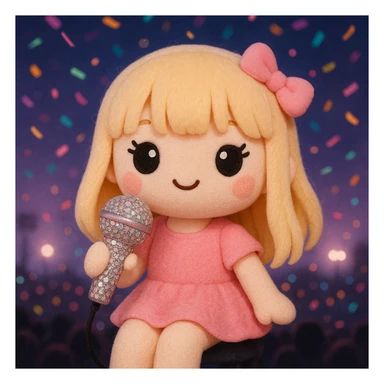 Pretty and girly Blonde pop star with bangs, holding a bedazzled microphone, reimagined as a soft kawaii plushie doll, with a nighttime concert backdrop with colorful confetti sticker