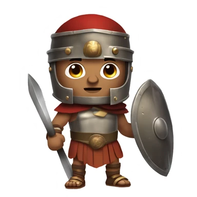 Create an emoji of a Roman gladiator, wearing a bronze helmet with a face guard, a short tunic, and holding a sword and shield. He has a fierce expression and battle scars, ready for combat. sticker