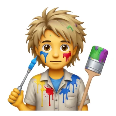 confused house painter emoji with messy hair, stained shirt, holding a dripping paint roller, paint on face, chaotic background sticker