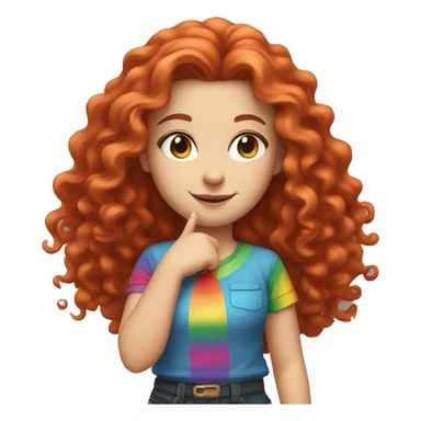 white girl with long red curly hair, wearing a rainbow shirt doing a pose sticker