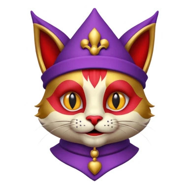 crazy colorful cute little cat jolly joker from poker, medieval, vintage, court jester, mac os icon, purple, gold and red color, half body. Squared shape as 3D mac os icon, symmetrical sticker