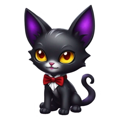 Cute-Evil-Vampiric-Batty-Cat-Black-Purple-Red-Yellow-Contrast-Colors-Fantasy-Fur-Sona-Chibi-Shiny-Fakémon-Hybrid with horns and big fangs neck bow white tie leg spats full body sticker