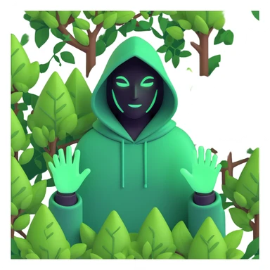 hooded figure with glowing green hands, surrounded by small trees, leaves, or vines sticker