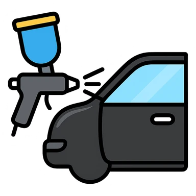 paint spray gun pointing at a section of a car, light layer of glossy black paint spraying out, main color glossy black with silver details, clean lines, modern and clean style, no excess paint sticker