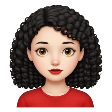 Side part black curly hair girl with mole above left side of lip pale skin red top sticker
