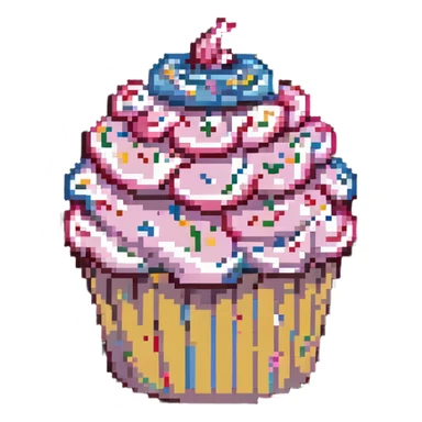 giant cupcake with pink icing and colorful sprinkles in pixel art style sticker