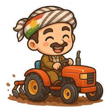 chibi cartoon sticker of a cheerful Kurdish farmer plowing the land with a tractor, colorful style sticker