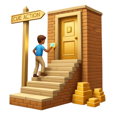 represents the habit formation process with a person stacking bricks to build a staircase, a signpost labeled "Cue → Action → Reward", and a glowing golden door at the top symbolizing success and transformation. Let me know if you need any tweaks! 🚀 sticker