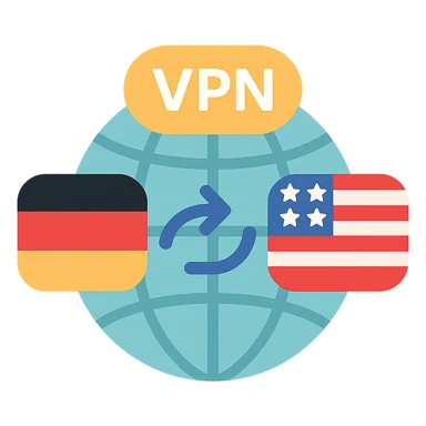 VPN globe icon showing a connection from Germany to the USA, flat color style, no text, suitable for Instagram Reel sticker
