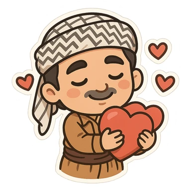 Kurdish man or woman in jamadani, cartoon style, hugging a heart or with floating hearts around, loving expression, no text sticker