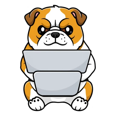English bulldog sitting with a laptop sticker