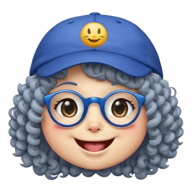 yellow female smiley face emoji, big smile, winking, wearing a backwards blue ball cap, grey curly hair, cat eye glasses, no eye colo sticker