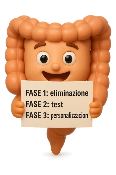 emoji stile iphone 3d di un intestino che tiene in mano un foglio con la scritta "FASE 1: eliminazione, FASE 2: test, FASE 3: personalizzazione, IPERREALISTICO 4K sticker