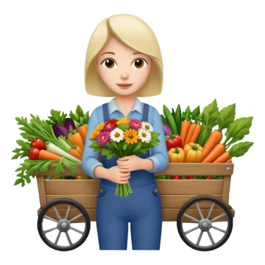 Shopper with flower bouquet,Farmers’ Market, background veggies cart. sticker