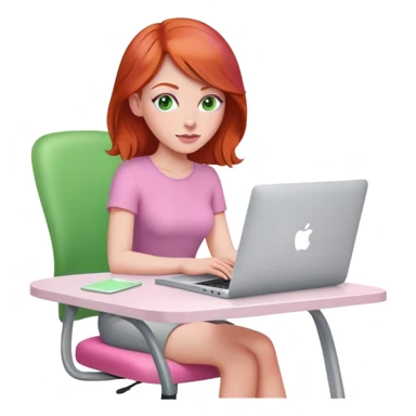 Red head green eyed  sat at desk with pink MacBook on pink chair sticker